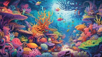 Fototapeta na wymiar Vibrant coral reef teeming with marine life background. Created with Generative AI technology
