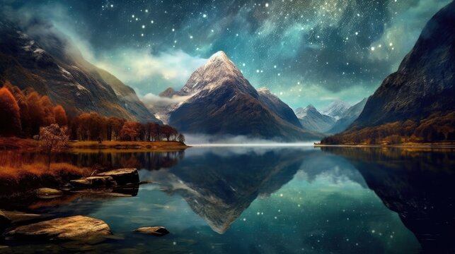 Tranquil mountain lake reflecting a starry sky background. Created with Generative AI technology