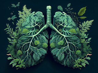 Conceptual image of green lungs, in the form of human lungs filled with tree leaves, image on an isolated background. Generative AI