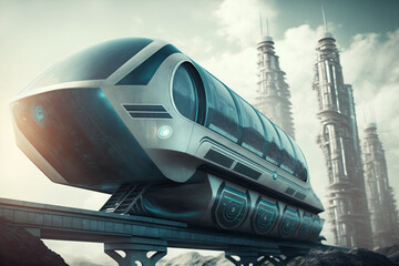 the futuristic monorail train zooms along its elevated track, a symbol of progress and innovation in the bustling city. Generative AI.