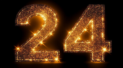 Number 24 with sparks and firework on black background, Happy New Year 2024