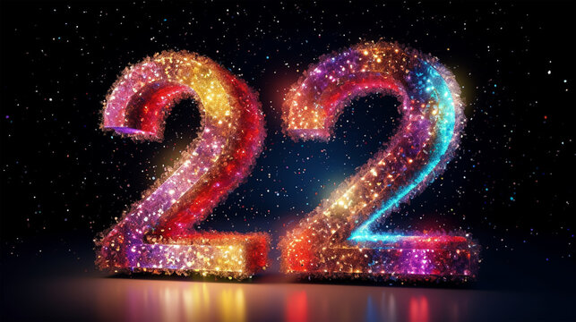 Number 22 with sparks and firework on black background,