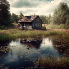 Fototapeta na wymiar An old wooden hut on the shore of a small overgrown and picturesque forest lake. Generative AI