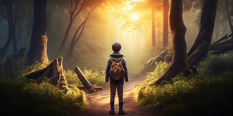 A little boy with a backpack behind his shoulders stands on a forest path and looks into the distance at the rays of the rising sun, view from the back. Generative AI