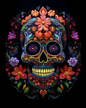 Skull art with colorful flowers with black background. 8k resolution