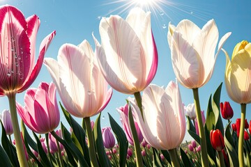 Kwiaty tulipanów, które błyszczą otoczone pięknym światłem: wspaniały krajobraz, który wyraża piękno natury - Generative AI 10
