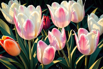 Fototapeta Kwiaty tulipanów, które błyszczą otoczone pięknym światłem: wspaniały krajobraz, który wyraża piękno natury - Generative AI 5 obraz