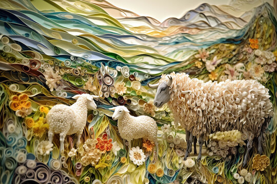 Image of sheep in style paper quilling art beautiful colors type low relief. Farm animals. Illustration, generative AI.