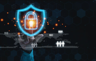 Businessman touching at lock with a shield to safeguard violation of privacy. The technology of...