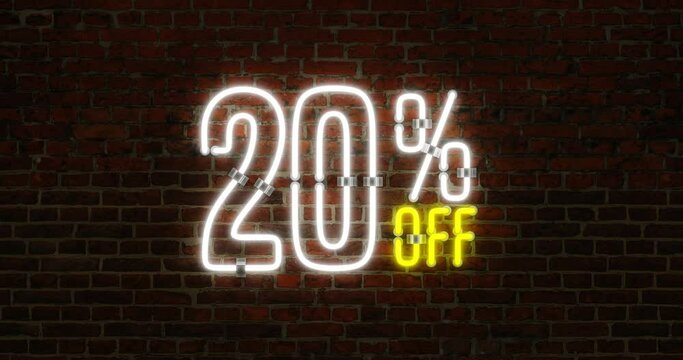 3D Flickering Animation of 20 Percent Off Neon Discount Sign Over a Brick Wall Background