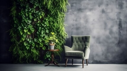 Urban Refuge: Green Plant Wall with Leather Armchair
