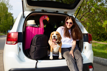 A young girl and a beagle dog are sitting in the trunk of a car. Next to a suitcase and things for...