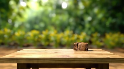 Outdoor Wooden table beautiful faded green nature background with Spring summer and green trees, empty wooden table in nature outdoor