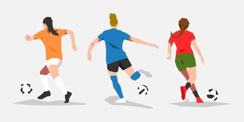 set of several female football soccer player athlete dribbling the ball. back view. theme of sport, football, women. vector flat illustration