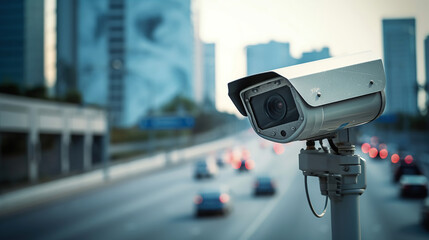 CCTV Security Camera or surveillance operating on traffic road and urban scene. Generative Ai