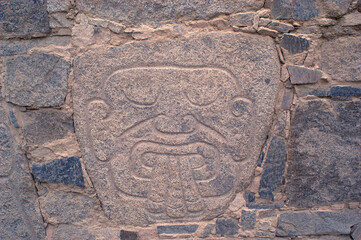 Relief representing warriors, perpetrators of the sacrifices at archaeological complex Sechin near Casma (central coast of Peru