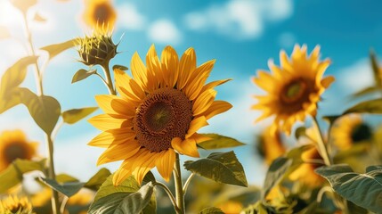 Beautiful Sunflower Garden and deep blue sky at the background, beautiful summer spring morning sunny day garden blue sky Sunlit field with sunflower , presentation background