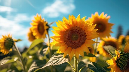 Nice Sunflower Garden and deep blue sky at the background, beautiful summer spring morning sunny day garden blue sky Sunlit field with sunflower , presentation background