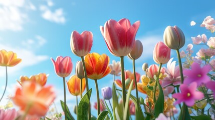 beautiful tulip flower at summer spring morning evening sunny day garden blue sky Sunlit field of  flowers on a summer meadow in nature, panoramic landscape background