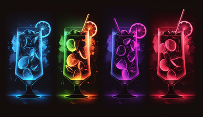 4 neon Cocktails in Neonfarben und Neonlicht. Generative Ai.
