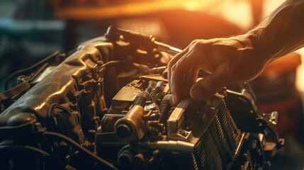 Fototapeta na wymiar Close Up Shot of a Professional Mechanic Working on Vehicle in Car Service. Generative Ai