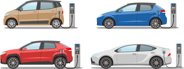 Naklejka premium 電気自動車 EV 充電中 プラグインハイブリット イラスト セダン SUV コンパクトカー 軽自動車 BEV