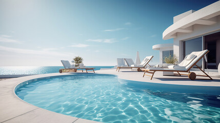 Fototapeta na wymiar The edge Luxury swimming pool with white fashion deckchairs on the beach. Generative Ai