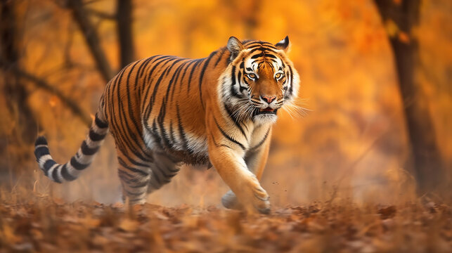 Siberian Tiger running. Beautiful, dynamic and powerful photo of this majestic animal. Generative Ai