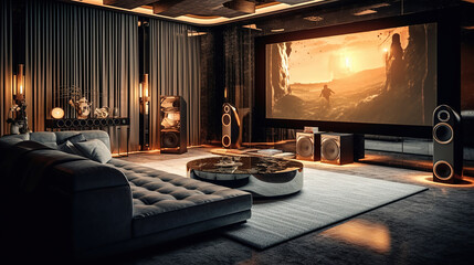 Stunning stylish home cinema. Luxury home theater design. Generative Ai