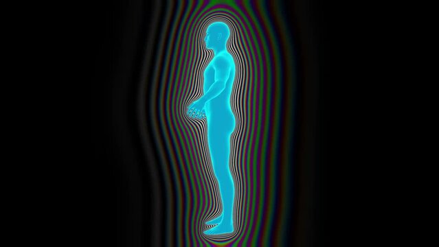 The blue holographic man emits a multicolored aura around himself. Seamless loop.