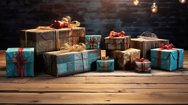 Christmas Present with Gold Ribbon and Gold Christmas Decorations. Rustic Background. Christmas background. Generative Ai