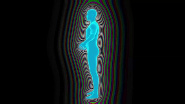 Bad Vibrations . A person emits various digital fields into the surrounding space, which are subject to distortions and deformations. Seamless loop.