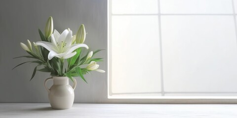 Window and white lily flower on table with sun light copy space blurred background, AI Generated