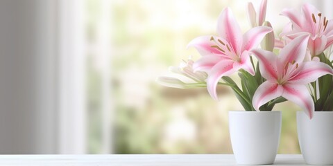 Window and pink lily flower on table with sun light copy space blurred background, AI Generated
