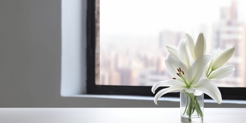 Window and white lily flower on table with sun light copy space blurred background, AI Generated