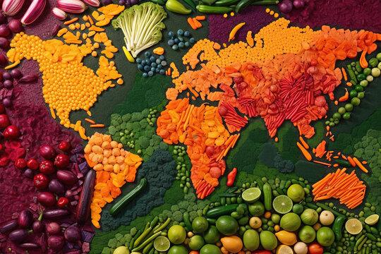 Map of the world with vegetable and fruit. dark background, Generative AI image.