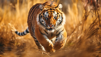 Obraz premium Siberian Tiger running. Beautiful, dynamic and powerful photo of this majestic animal. Generative Ai