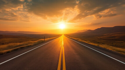 Fototapeta na wymiar Empty long mountain road to the horizon on a sunny summer day at bright sunset. Generative Ai