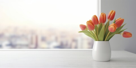 Window and Tulip flower on table with sun light copy space blurred background, AI Generated