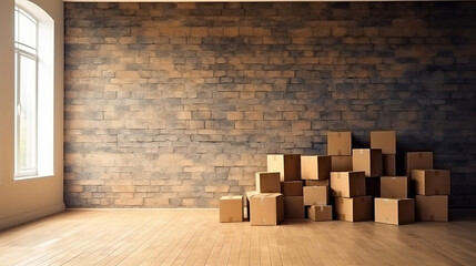 Stack of cardboard boxes in the empty room with copy space. Generative Ai
