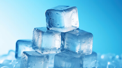 Frozen ice cubes in an ice cube maker ice box with a layer of hoarfrost on the ice cubes. Generative Ai