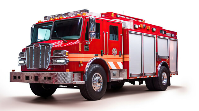 Fire rescue vehicle. Big red rescue car isolated on white. Generative Ai