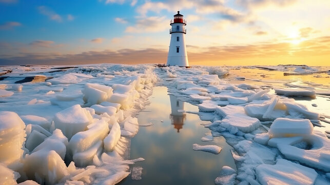 Winter on shore of the Baltic Sea. Lighthouse in ice. Generative Ai