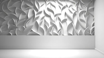 creative white wall with leaves vertical bars on Blank white interior room background ,empty white walls corner and white wood floor contemporary,3D rendering