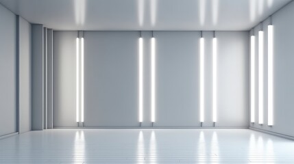 3D Abstract wall with large white led lights, 3D stimulate of white room interior and wood plank floor with sun light cast rhythm of shadow on the wall,Perspective of minimal design architecture