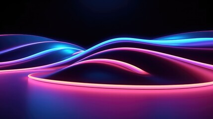 3d neon render with Geometric figure in neon light against a dark tunnel of laser light and low.