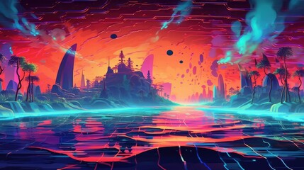 fantasy neon world of imagination and colorful 3d abstract world, Neon glowing fire in the lake with glowing forest with water inside magical environment