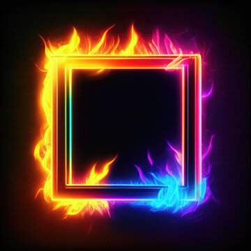 fire frame on black background, Glowing neon light picture photo frame, abstract background with glowing lights, Polaroid images