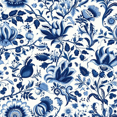Seamless pattern in Dutch delft blue and white traditional handpainted.  Generative AI.