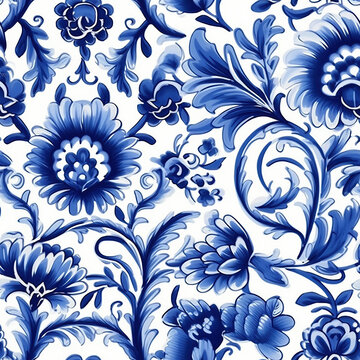 Seamless pattern in Dutch delft blue and white traditional handpainted.  Generative AI.